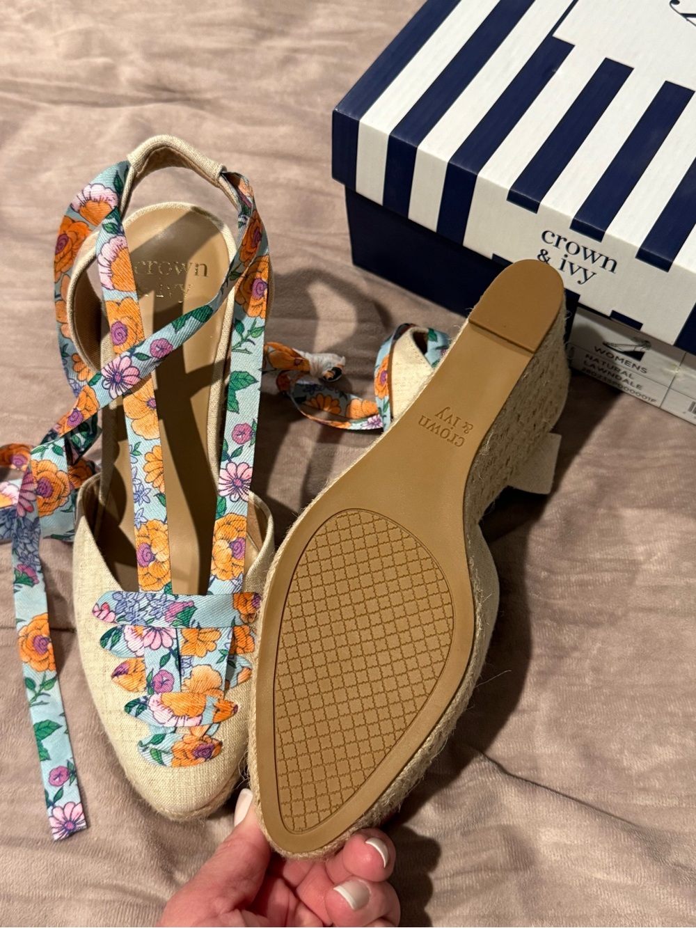 crown & ivy Floral Tie Espadrille Wedges in Natural with Orange and Pink Accents - Picture 3 of 5